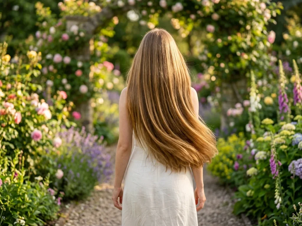 Long, silky hair shining in the sunlight as a result of consistent hair growth secrets.