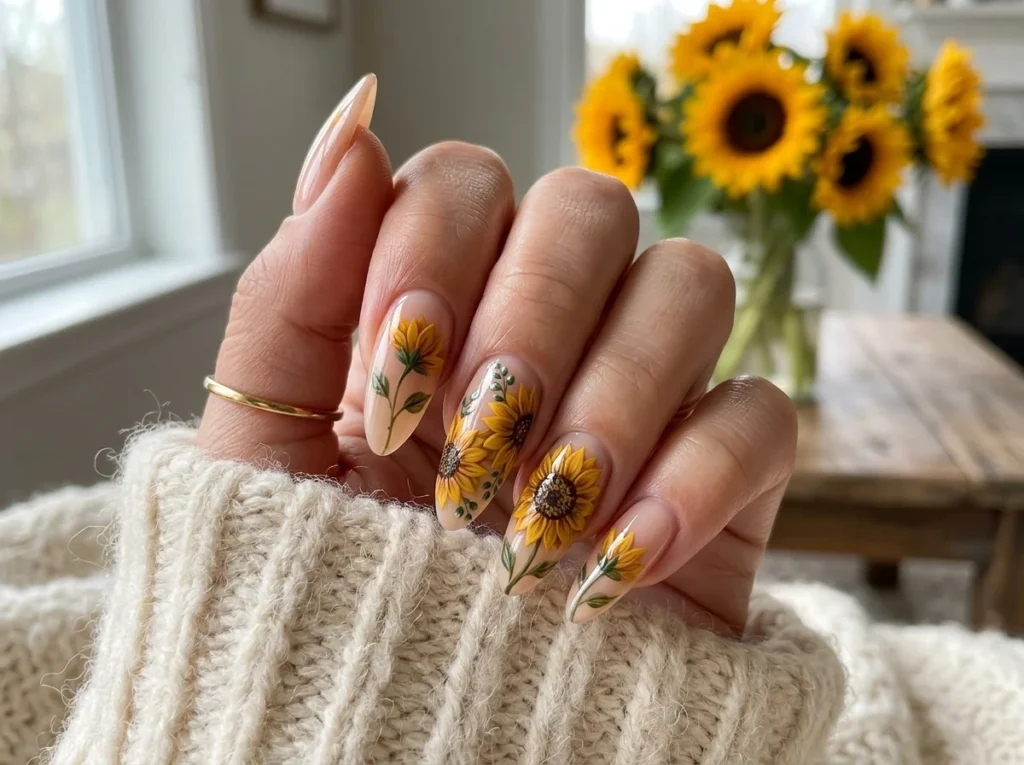 Close-up of elegant long almond nails with highly detailed, sophisticated sunflower nail designs on multiple fingers, resting on a soft blanket.