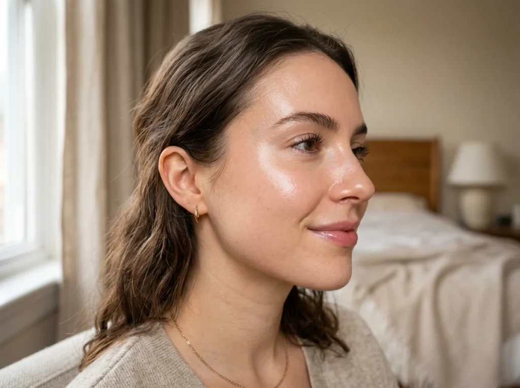 A close-up portrait of healthy, dewy, glowing skin—the ultimate result of a consistent slugging skincare routine.