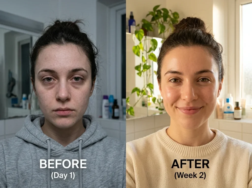 Woman following a morning and night vegan skin care routine naturally