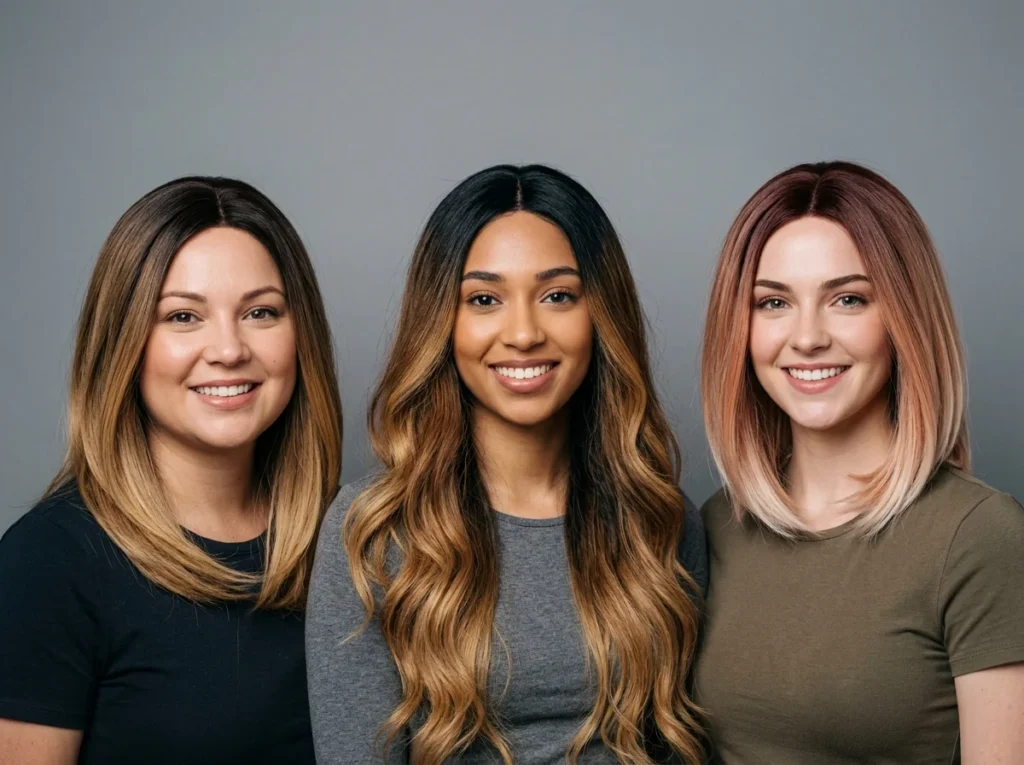 Comparing different face shapes with dark rooted ombre wigs for a natural look