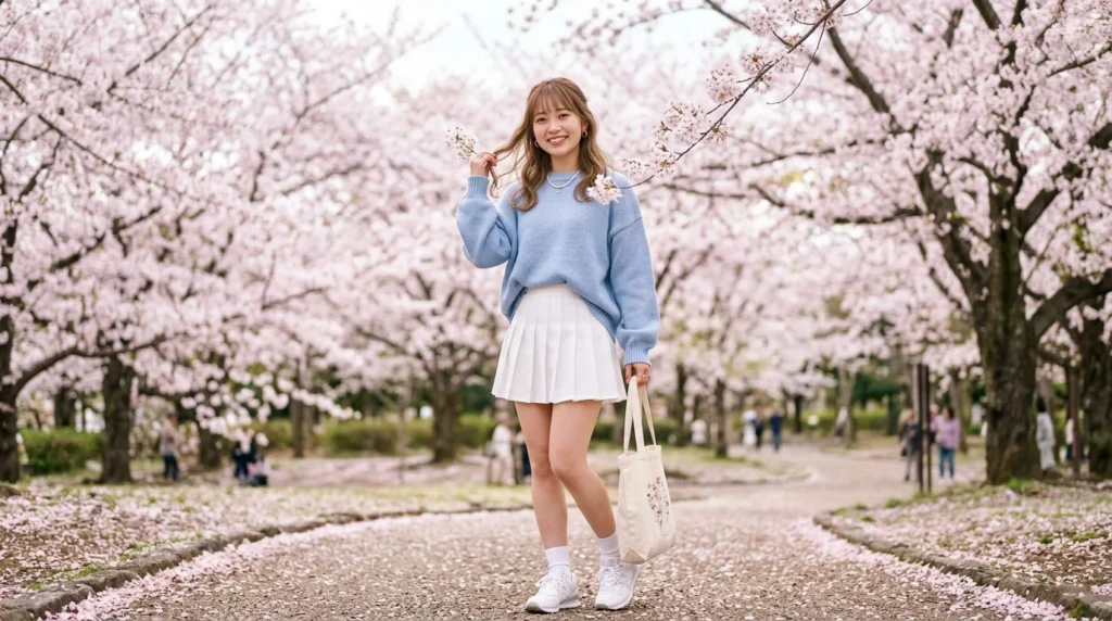 Soft-girl aesthetic and oversized Korean fashion style.