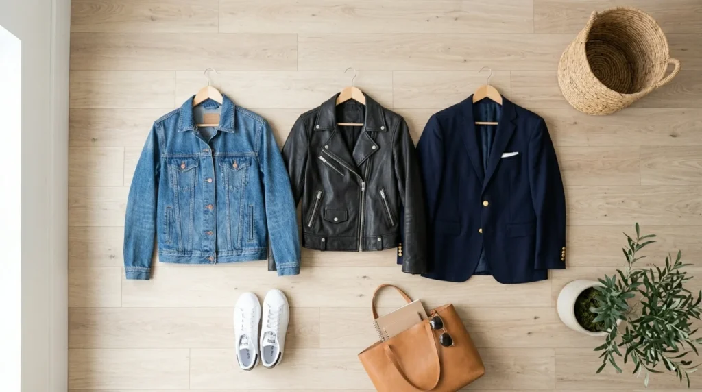 Curated clothing rack showcasing premium jacket outfit ideas.