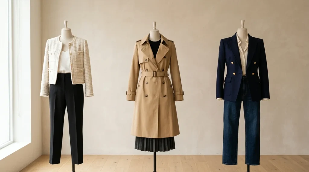 A visual guide displaying different outerwear styles to help choose jacket outfit ideas for your body type.