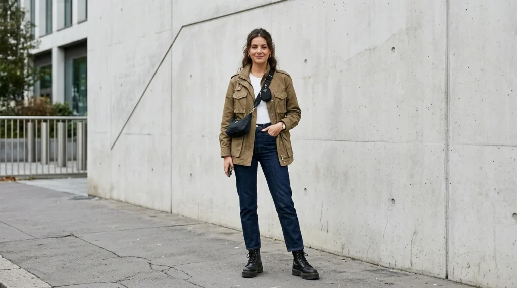 Khaki utility cargo jacket and black combat boots highlighting practical jacket outfit ideas.