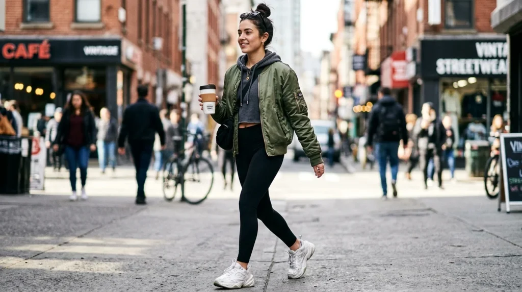 Olive green bomber jacket and athleisure look showcasing trendy street-style jacket outfit ideas.