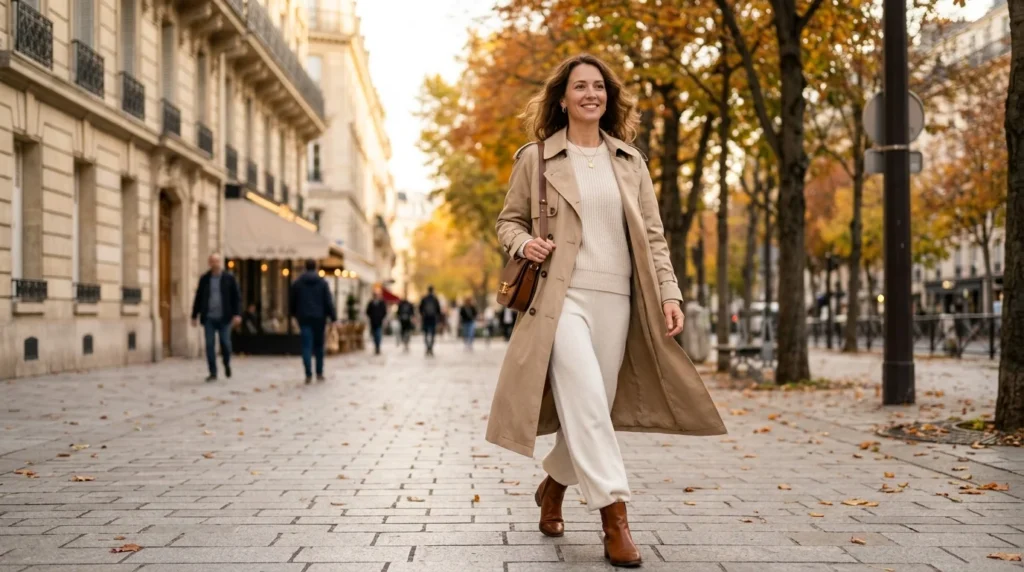 Long trench coat paired with monochrome knits showcasing minimalist jacket outfit ideas.