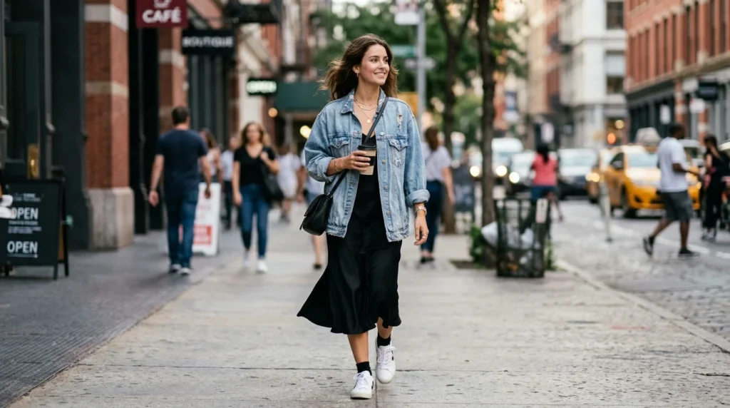A chic denim jacket outfit ideas look with a slip dress.