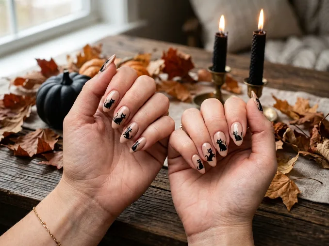 Black cat Halloween nail art on nude almond-shaped nails with elegant cat silhouettes on both hands.