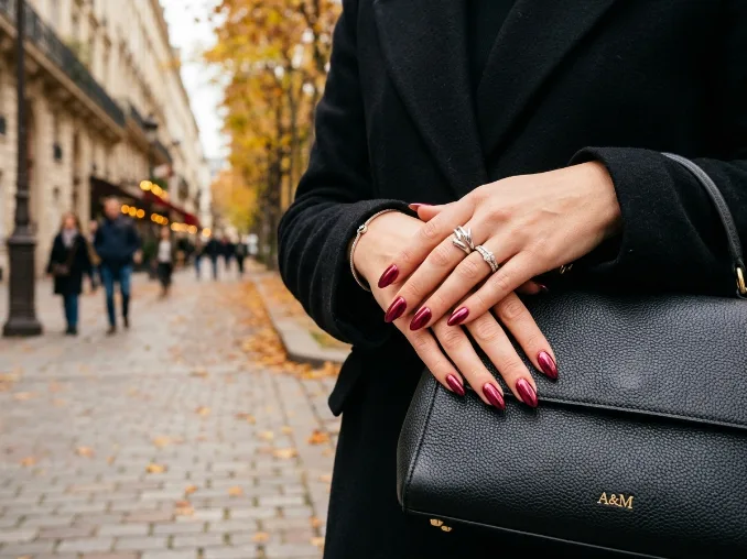 Burgundy chrome fall nail designs for 2026 with a reflective metallic manicure.