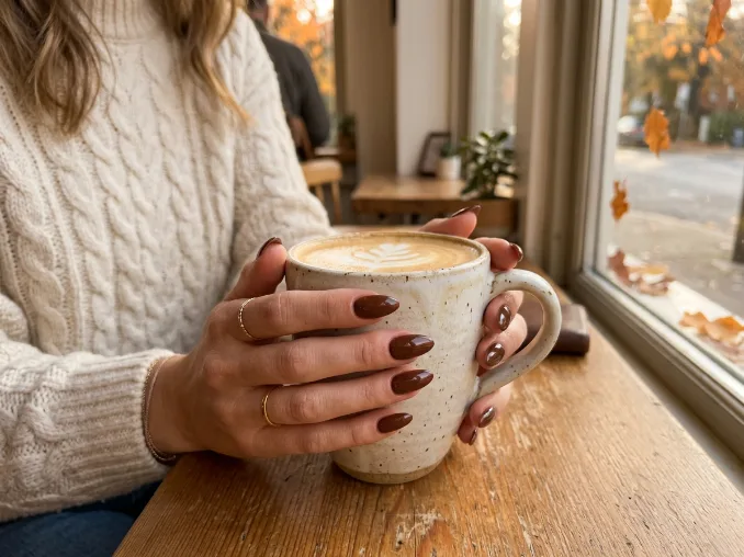 Chocolate brown gloss fall nail designs for 2026 on almond-shaped nails with a glossy finish.