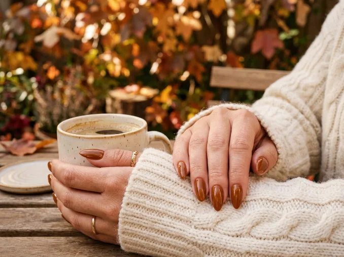 Classic pumpkin spice nails with glossy caramel brown polish on short oval nails.
