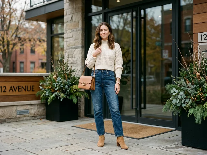 Sweater weather outfit ideas featuring a cropped cream knit sweater with high-waisted blue jeans and tan ankle boots.