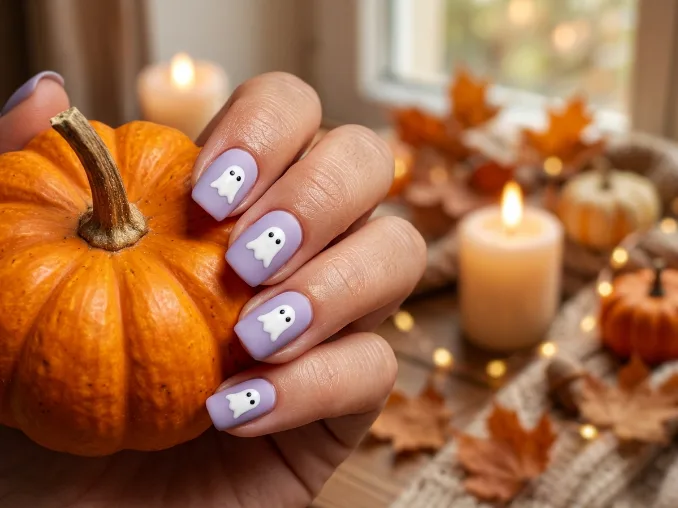 Friendly ghost Halloween nail art on short squoval nails with a matte lavender base and cute ghost designs on both hands.