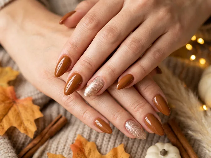 Pumpkin spice nails with glossy caramel polish and champagne glitter accent nails.
