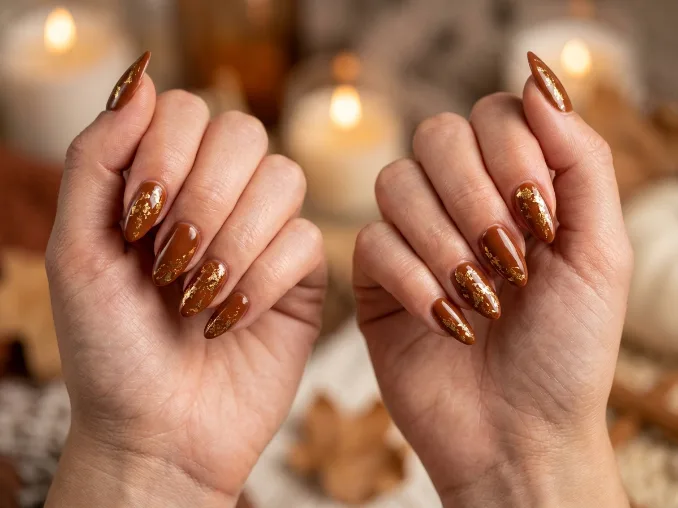 Pumpkin spice nails with elegant champagne gold foil accents.