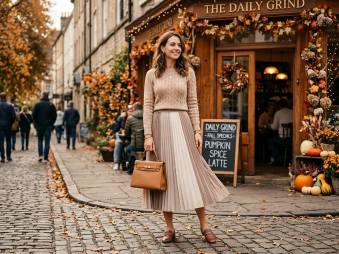 Beige knit sweater paired with a pleated midi skirt for an elegant sweater weather outfit.