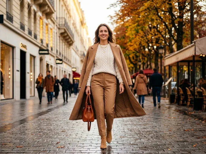 Neutral monochrome sweater outfit in cream tones for a sophisticated autumn look.