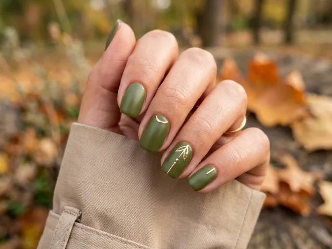 Olive green minimalist fall nail designs for 2026 on short squoval nails.