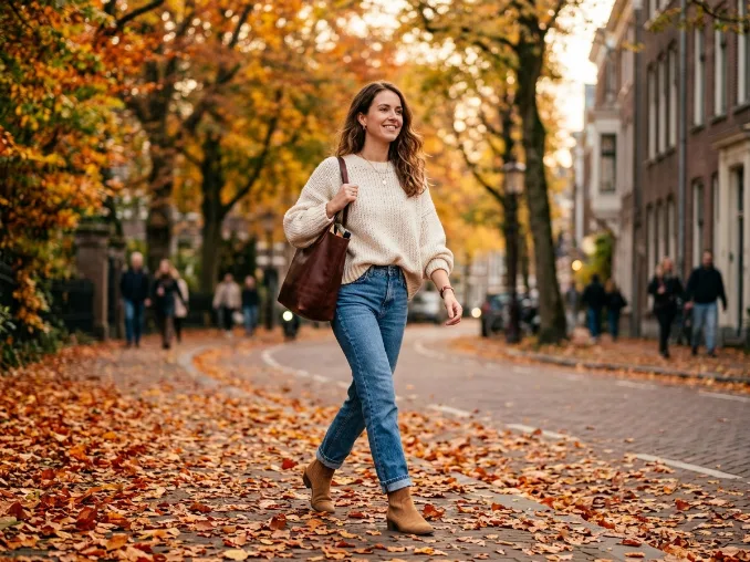 Woman wearing an oversized cable knit sweater with straight-leg blue jeans and suede ankle boots on a beautiful autumn street.