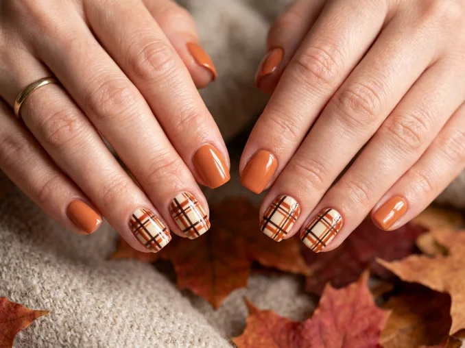 Plaid accent fall nail designs for 2026 with cozy autumn-inspired nail art.