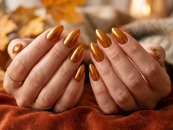 Pumpkin spice nail ideas featuring glossy metallic caramel chrome nails on elegant almond-shaped nails.