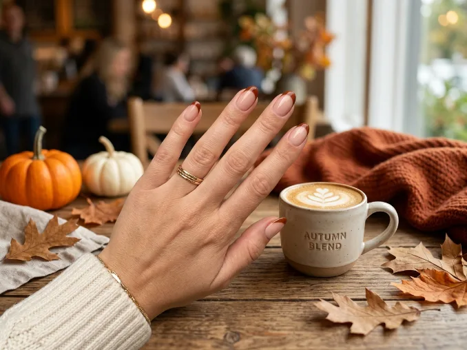Pumpkin spice French tip nails with warm cinnamon brown tips.