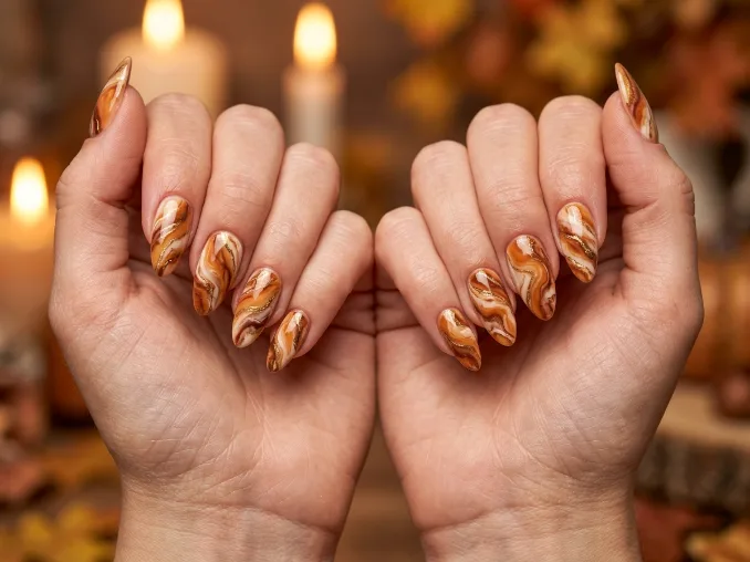Pumpkin spice marble nails with caramel and cinnamon swirl design.
