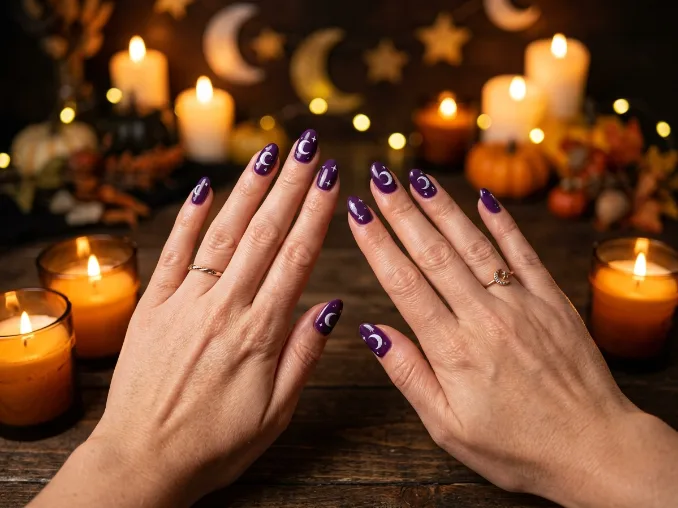 Purple moon and stars Halloween nail art on glossy oval nails with celestial designs on both hands.