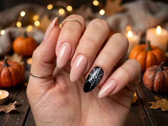 Spider web accent Halloween nail art on nude oval nails with glossy black accent nails on both hands.