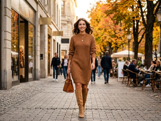 Sweater dress paired with knee-high boots for a chic sweater weather outfit.
