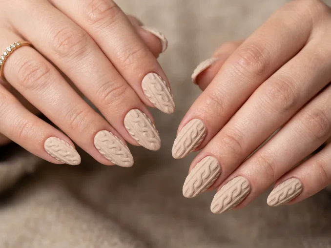 Sweater texture fall nail designs for 2026 with soft 3D knit nail art.
