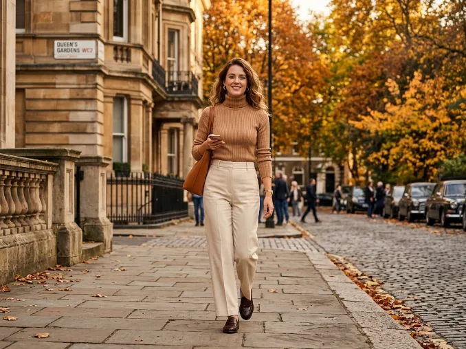 Camel turtleneck sweater styled with wide-leg trousers for a polished autumn outfit.