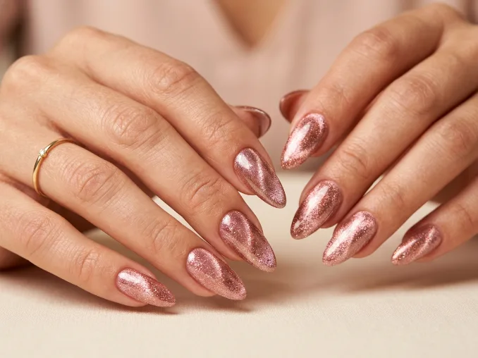 Rose gold nails with soft pink magnetic shimmer