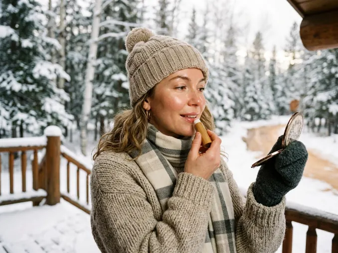 Applying moisturizing lip balm to protect lips from winter dryness