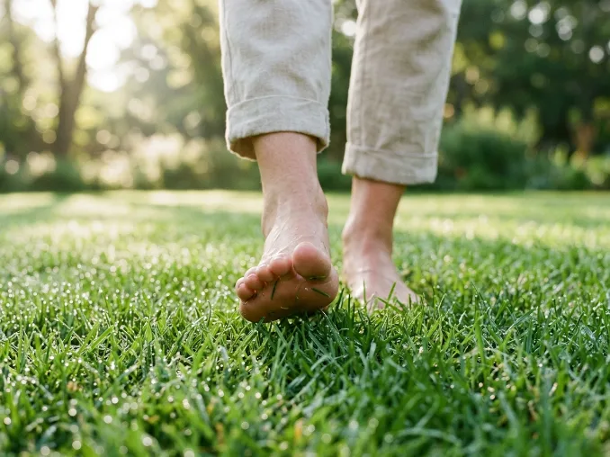 Bare feet walking slowly across grass during grounding
