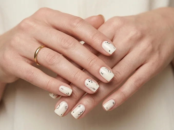 Short square sardine nails with black and cream graphic art