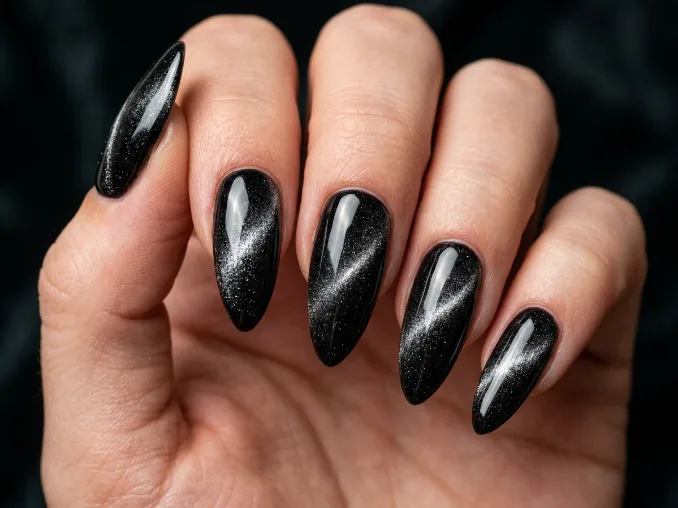 Glossy black nails with silver velvet shimmer