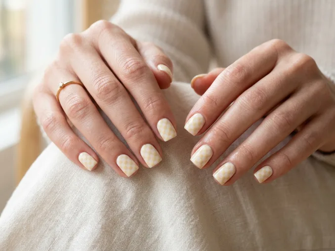Short square sardine nails with butter yellow checkerboard art