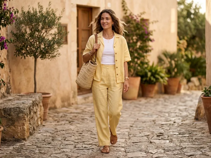 Butter yellow linen pastel outfit with white tank top and tan sandals
