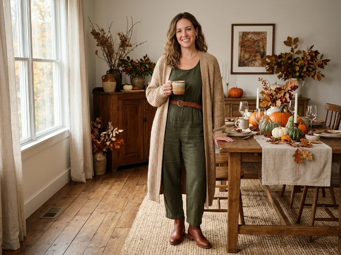 Casual jumpsuit with a long cardigan for Thanksgiving