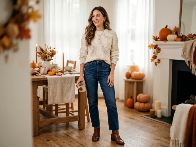 Casual Thanksgiving outfit with a cozy sweater, jeans, and ankle boots