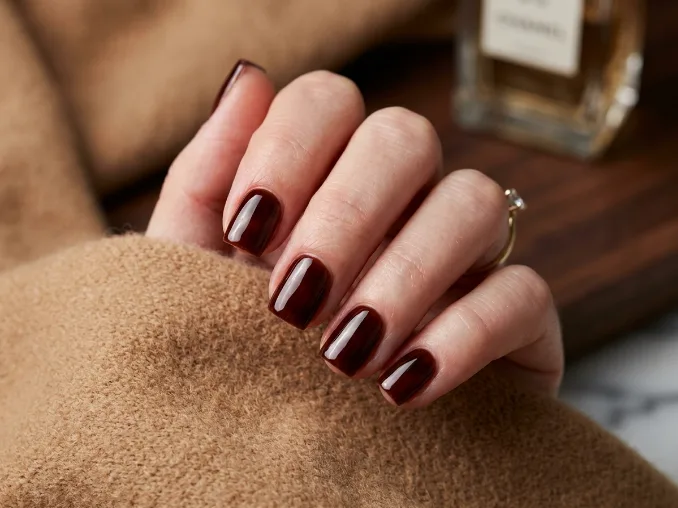 Short square sardine nails with glossy cherry cola glass finish