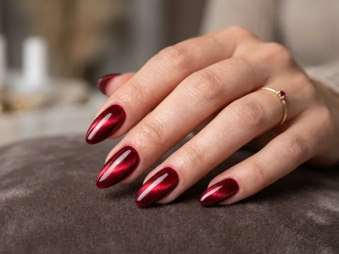 Rich red velvet manicure on almond nails