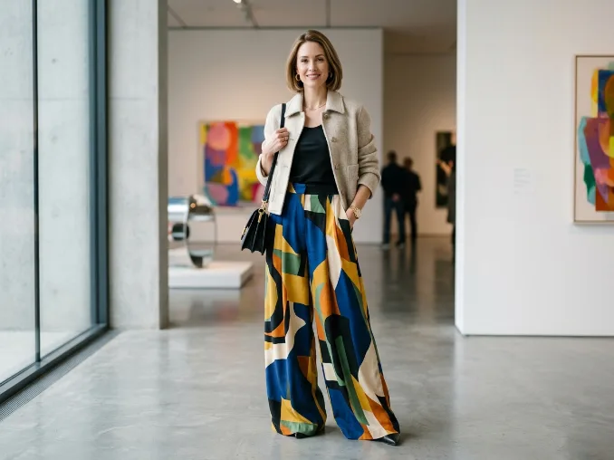 Colorful printed pants with cropped jacket for dopamine dressing
