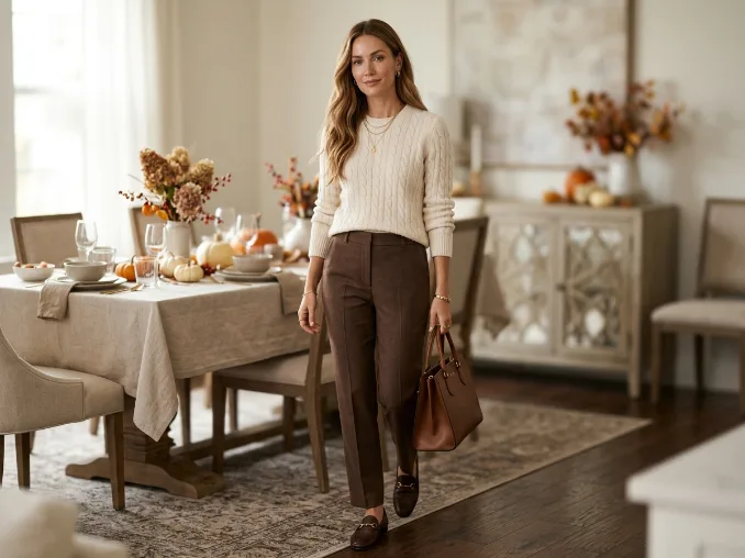 Cream sweater with brown pants for a stylish Thanksgiving outfit