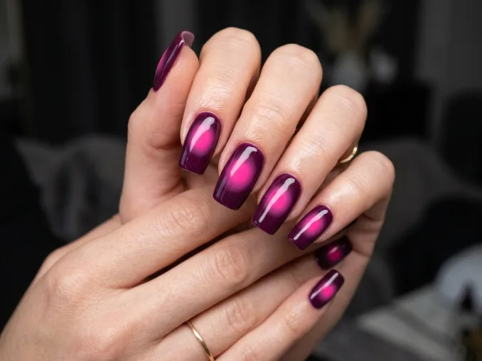 Deep plum nails with an off-center hot pink neon aura glow