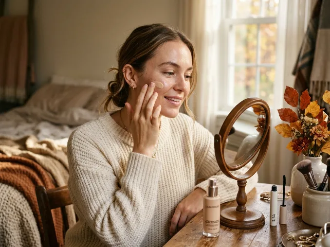 Woman creating a dewy base for a natural Thanksgiving makeup look