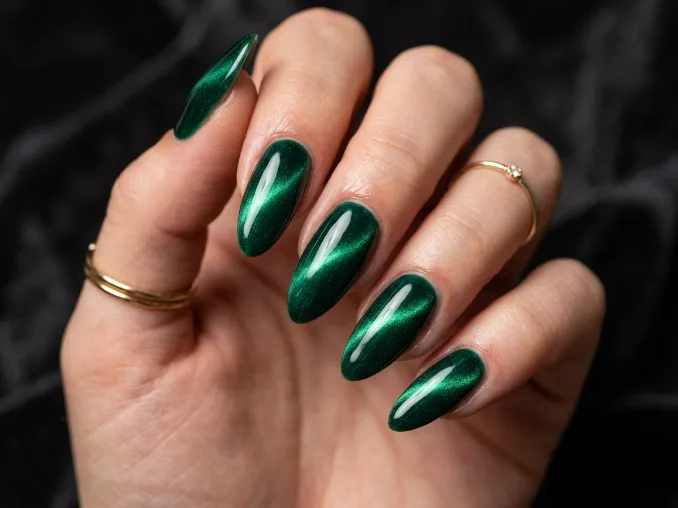 Deep emerald green nails with velvet shimmer