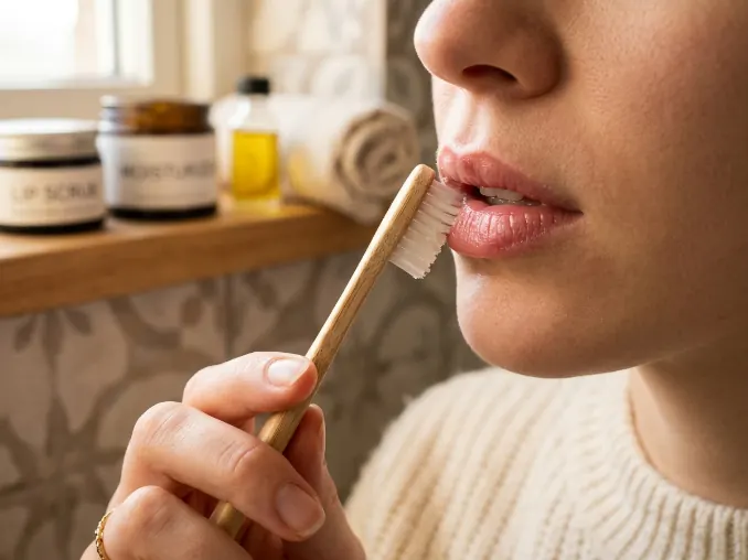 Gentle lip exfoliation using a soft toothbrush during winter